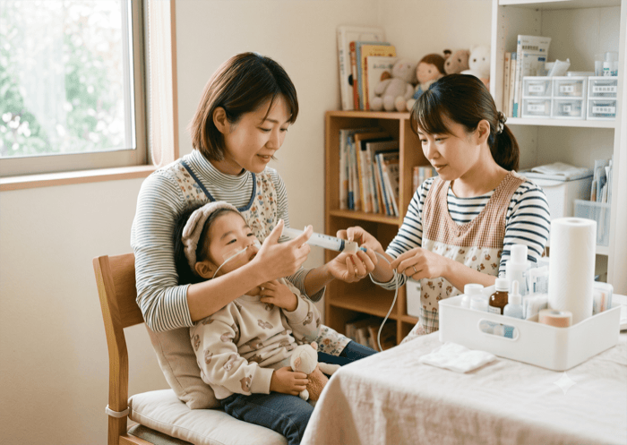 看護師が寄り添いながら医療的ケアを行う様子